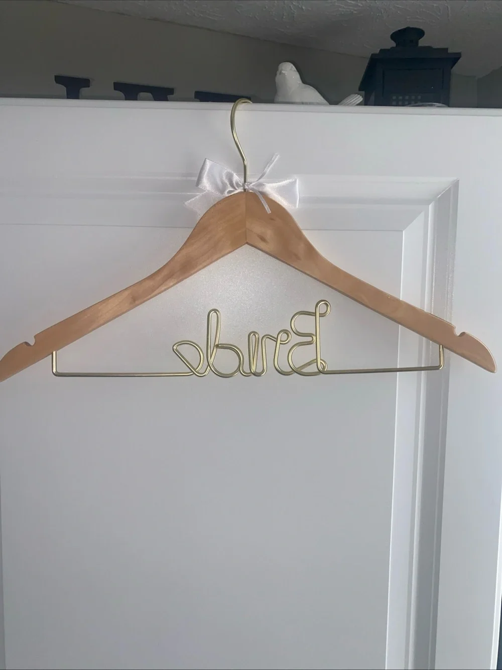Bride Wedding Day Dress Hanger Wooden Gold metal White bow
